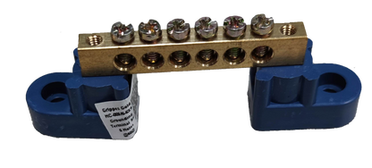 Grippes grounding bus bars 4 holes with blue mounting bases and brass bar for electrical circuitry
