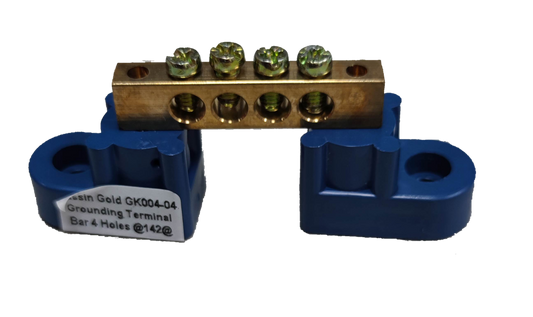 Grippes Grounding Bus Bars 4 Holes brass terminal with blue insulating mounts for electrical circuitry
