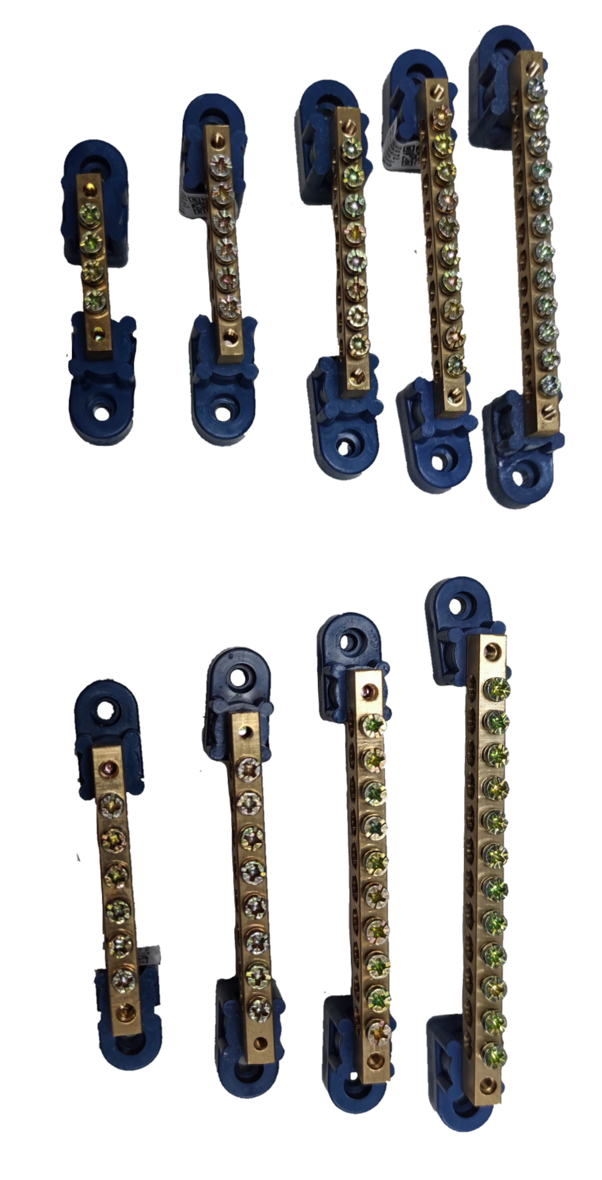 Grippes Electrical Circuitry Grounding Bus Bars 4 Holes in various sizes with metal connectors on blue bases