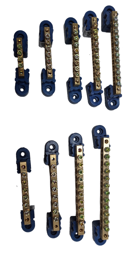 Grippes Electrical Circuitry Grounding Bus Bars 4 Holes in various sizes with metal connectors on blue bases