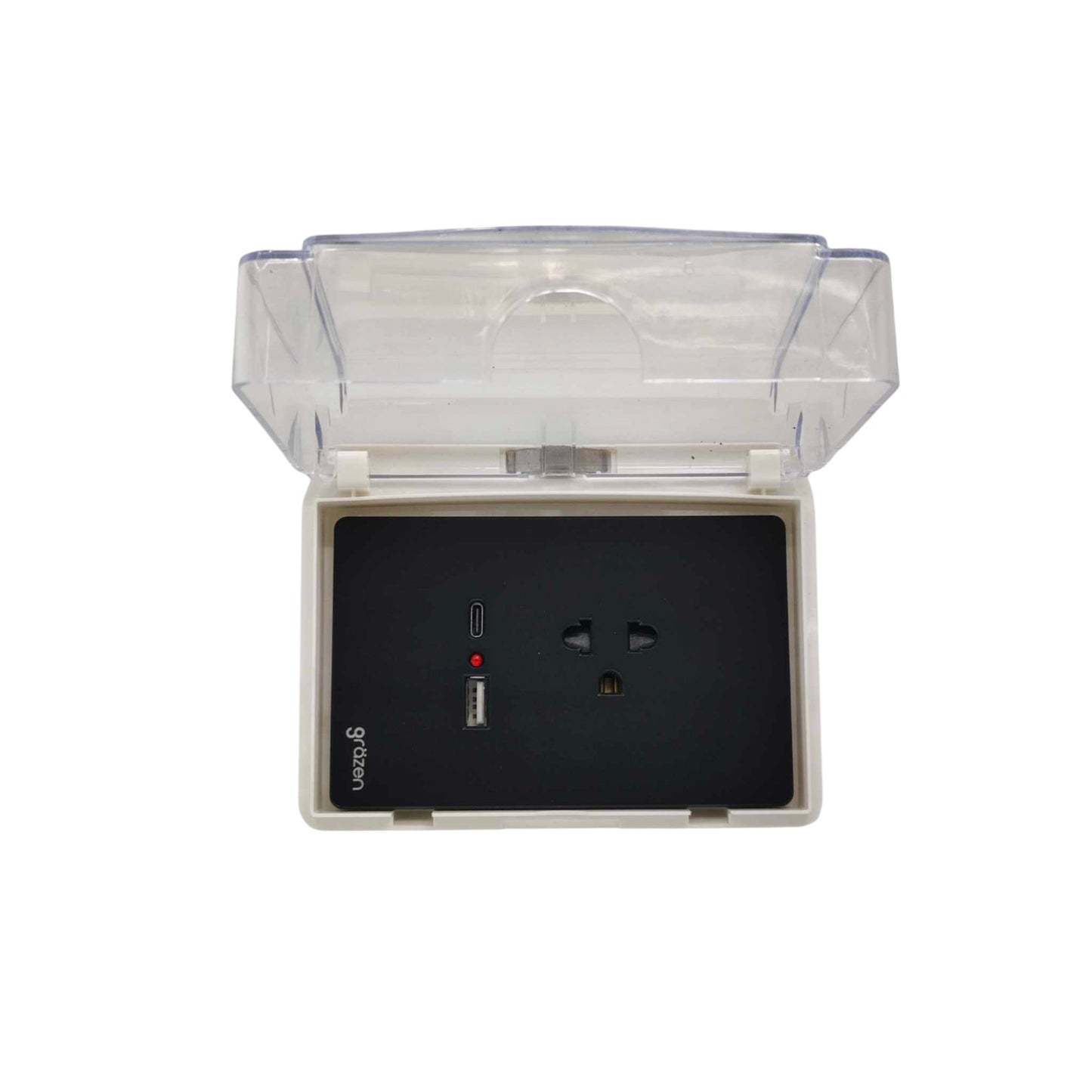 Grazen Weatherproof Plate Cover with Universal with Ground Outlet with USB-C and USB-A 2100mAh 5V DC WC-019-W+GW-014 Available in White, Black, Grey and Gold