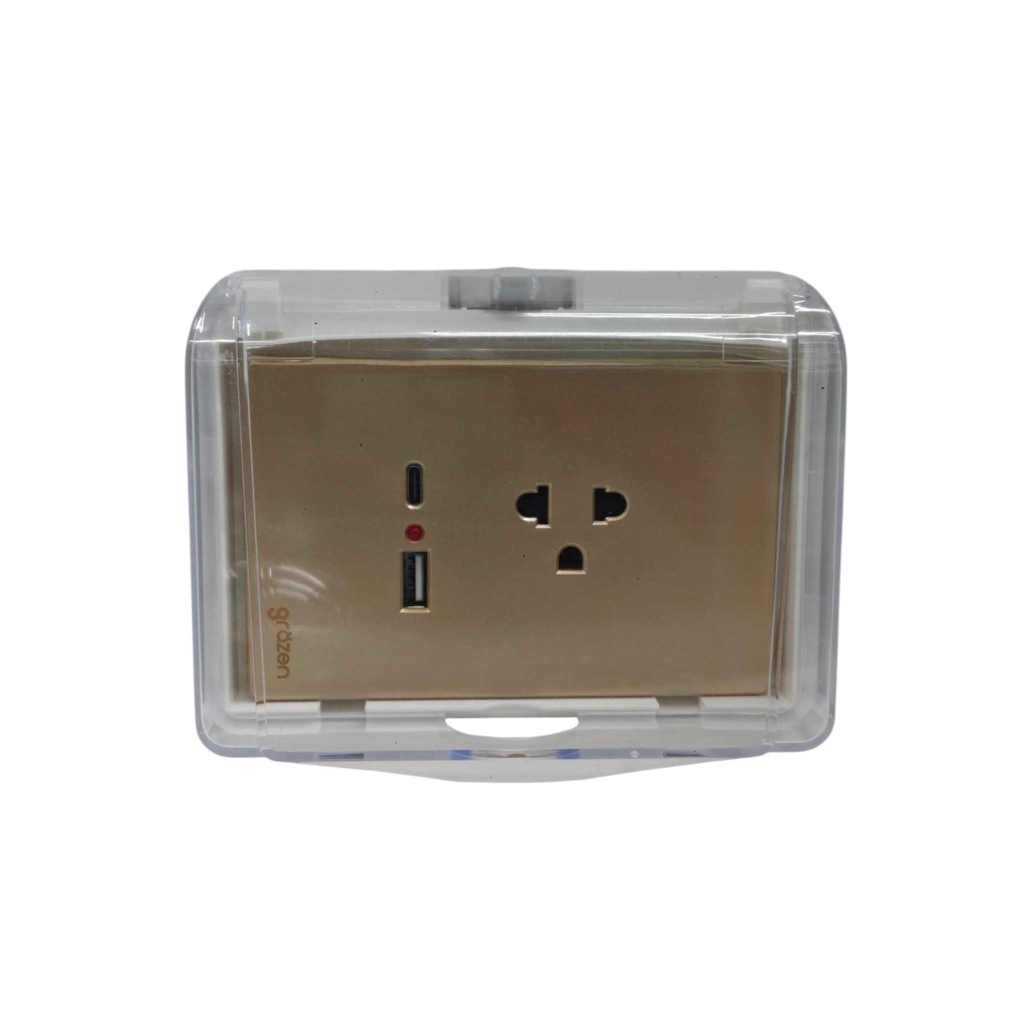 Grazen Weatherproof Plate Cover with Universal with Ground Outlet with USB-C and USB-A 2100mAh 5V DC WC-019-W+GW-014 Available in White, Black, Grey and Gold