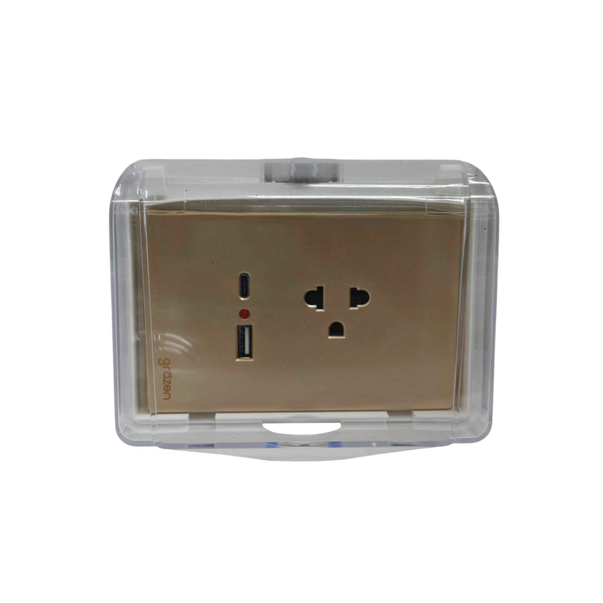 Grazen Weatherproof Plate Cover with Universal with Ground Outlet with USB-C and USB-A 2100mAh 5V DC WC-019-W+GW-014 Available in White, Black, Grey and Gold