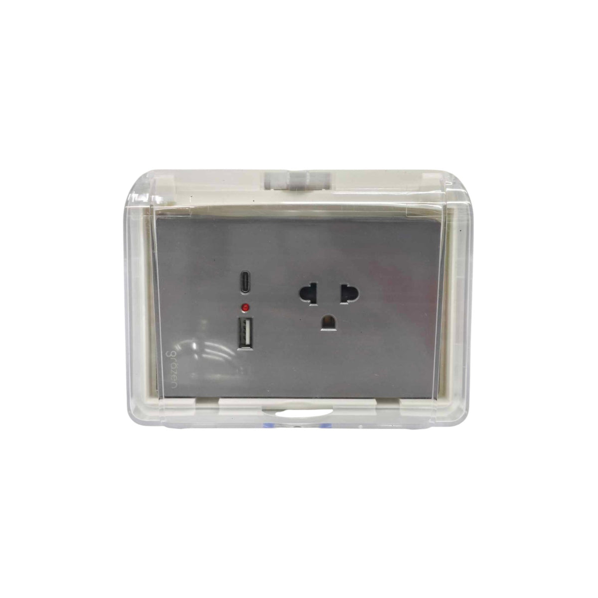 Grazen Weatherproof Plate Cover with Universal with Ground Outlet with USB-C and USB-A 2100mAh 5V DC WC-019-W+GW-014 Available in White, Black, Grey and Gold