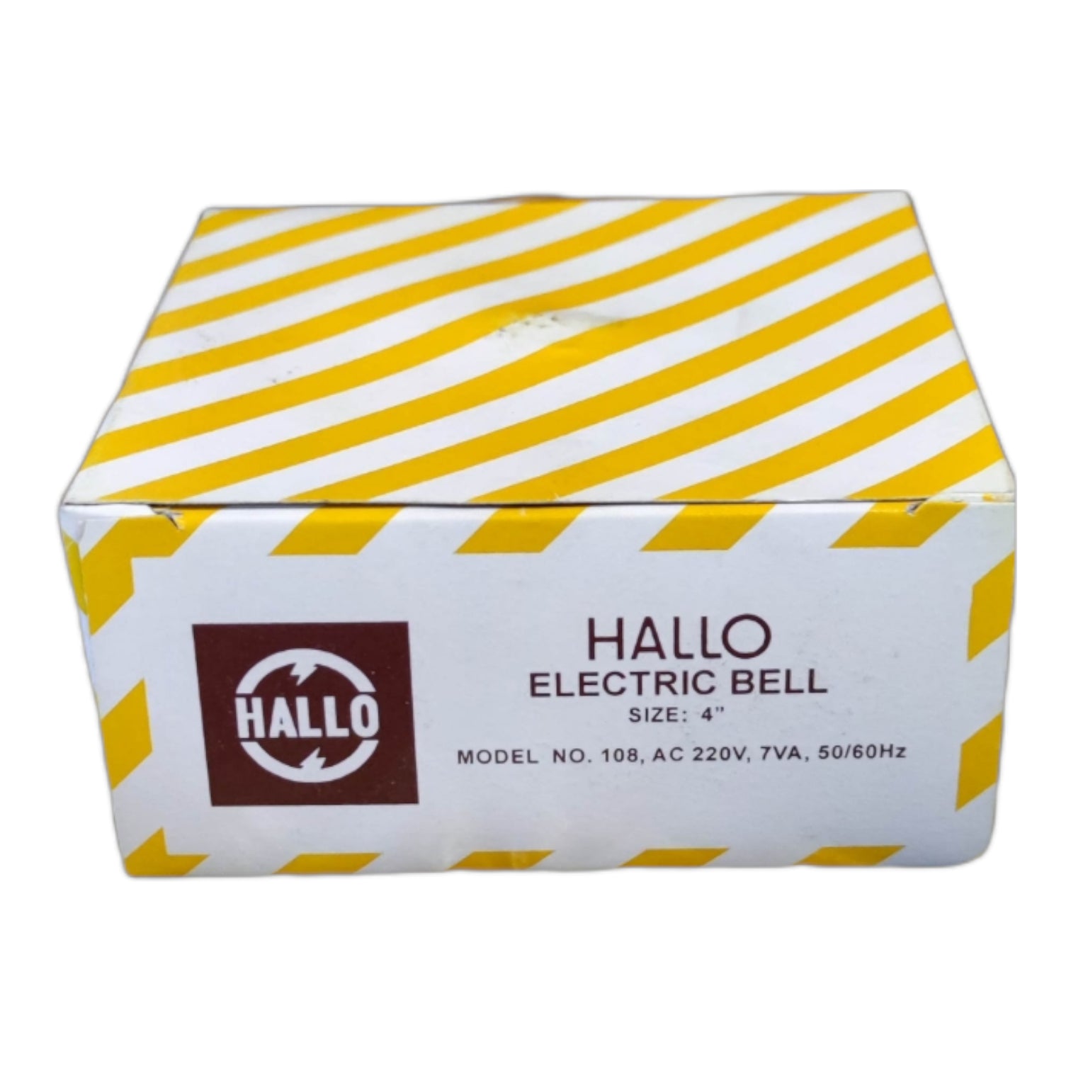 Hallo 4 inch fire alarm bell packaging with striped design, suitable for safety applications