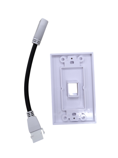 Grippes HDMI wall outlet with cord featuring white faceplate and black HDMI extension cable