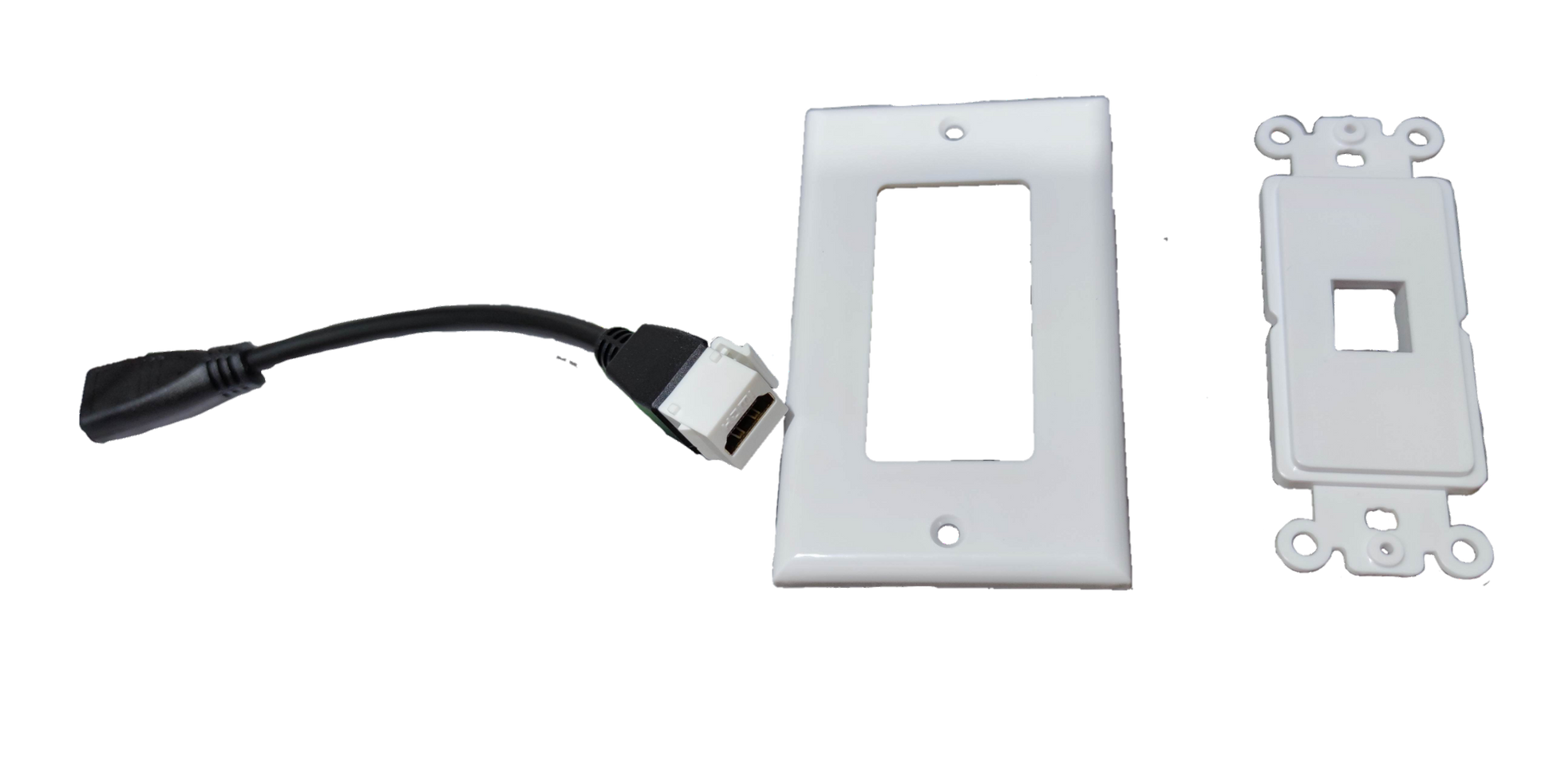 Grippes HDMI wall outlet with cord plated in white with mounting plate and wall cover for easy installation
