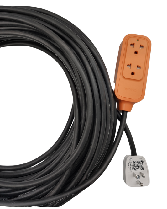 Omni and Phelps Dodge heavy duty extension cord 15A with orange multi-plug power strip on black background