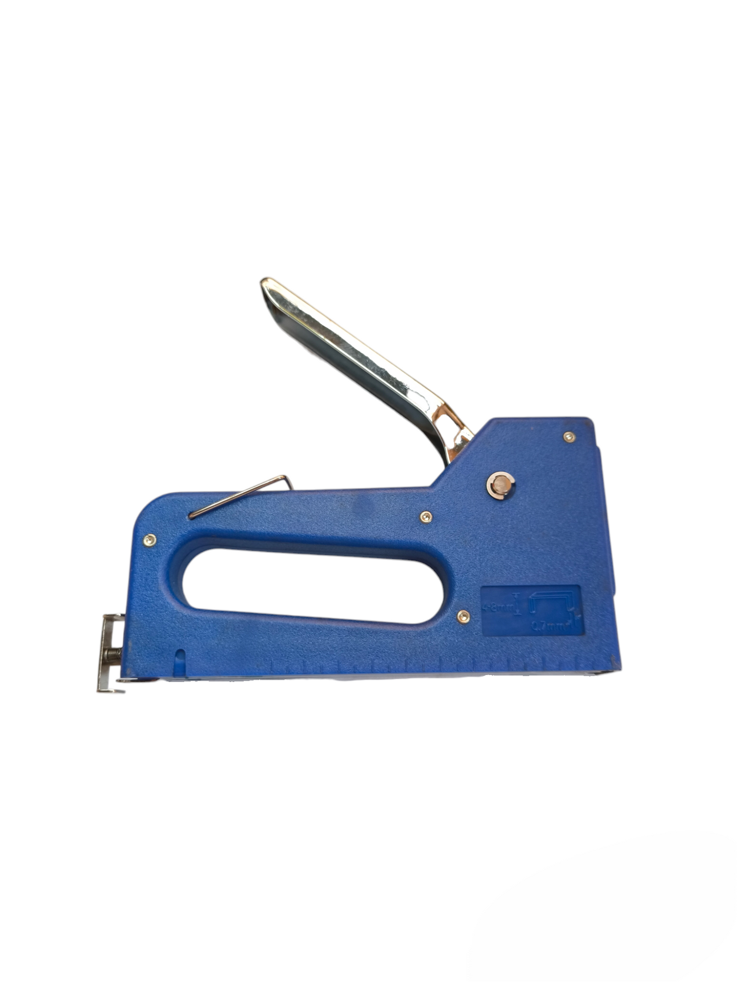 Heavy duty manual staple gun in blue, ideal for tough stapling tasks and construction projects
