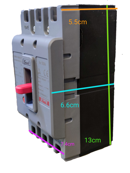 Himel 32A 3 pole circuit breaker with labeled dimensions for easy installation and use