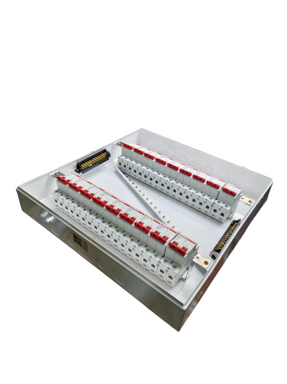 Himel 17 branch 2 pole circuit breaker distribution box with dual rows of red toggle breakers mounted on DIN rails