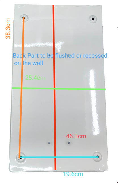 Himel 80A 2 pole circuit breaker panel white metal back plate with four mounting holes and dimension markings