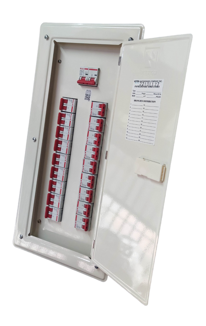 Himel KTM1-2P18B125A breaker panel Koten Himel white metal enclosure with 18 red topped breakers and open door