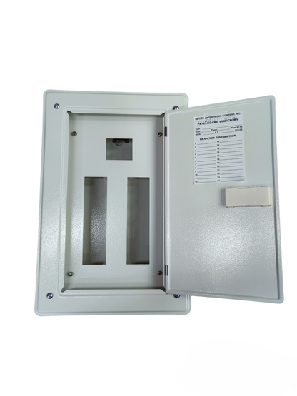 Koten Himel 100A breaker panel white metal enclosure with open door showing two circuit slots and label