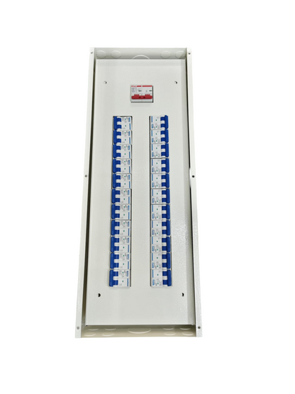 Panel Board 80A 2 Pole Main Himel white electrical circuit board with multiple switches