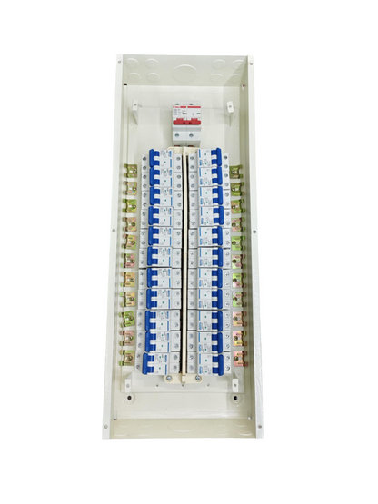 Panel Board 80A 2 Pole Main Himel electrical circuit breaker panel with multiple switches and white casing
