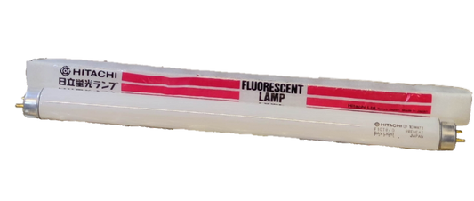 Hitachi 10W T-8 Fluorescent Tube Daylight with white cylindrical design and metal connectors