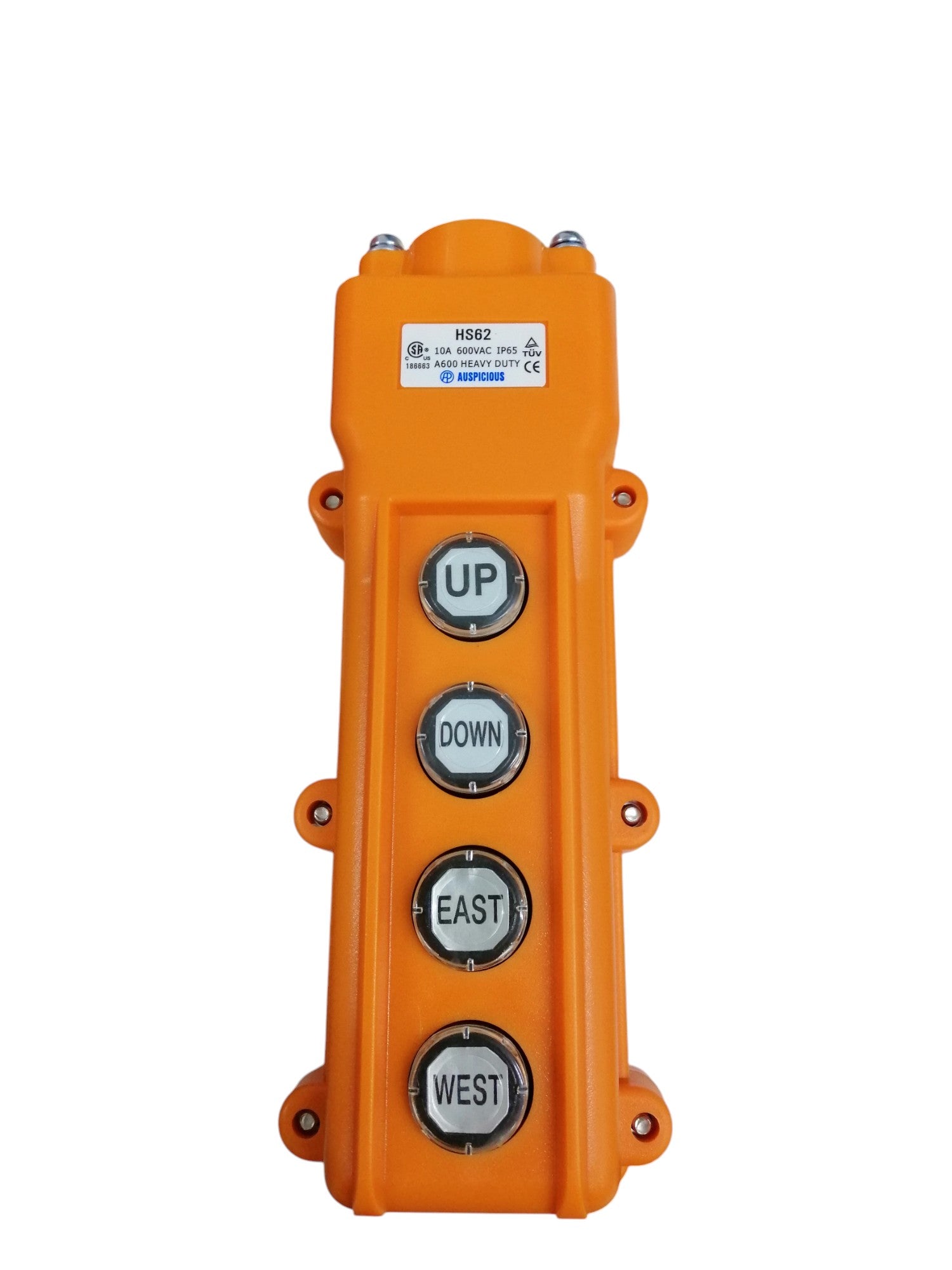 Auspicious Hoist Pushbutton Switch Rainproof with orange casing and four labeled buttons for up down east west