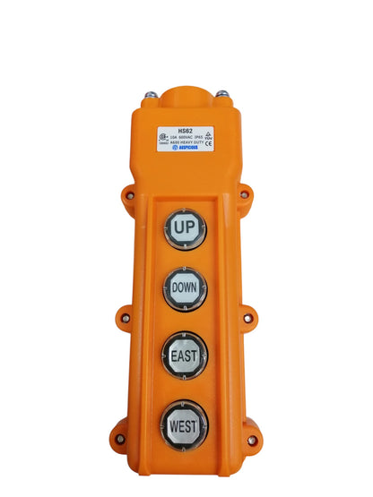 Auspicious Hoist Pushbutton Switch Rainproof with orange casing and four labeled buttons for up down east west