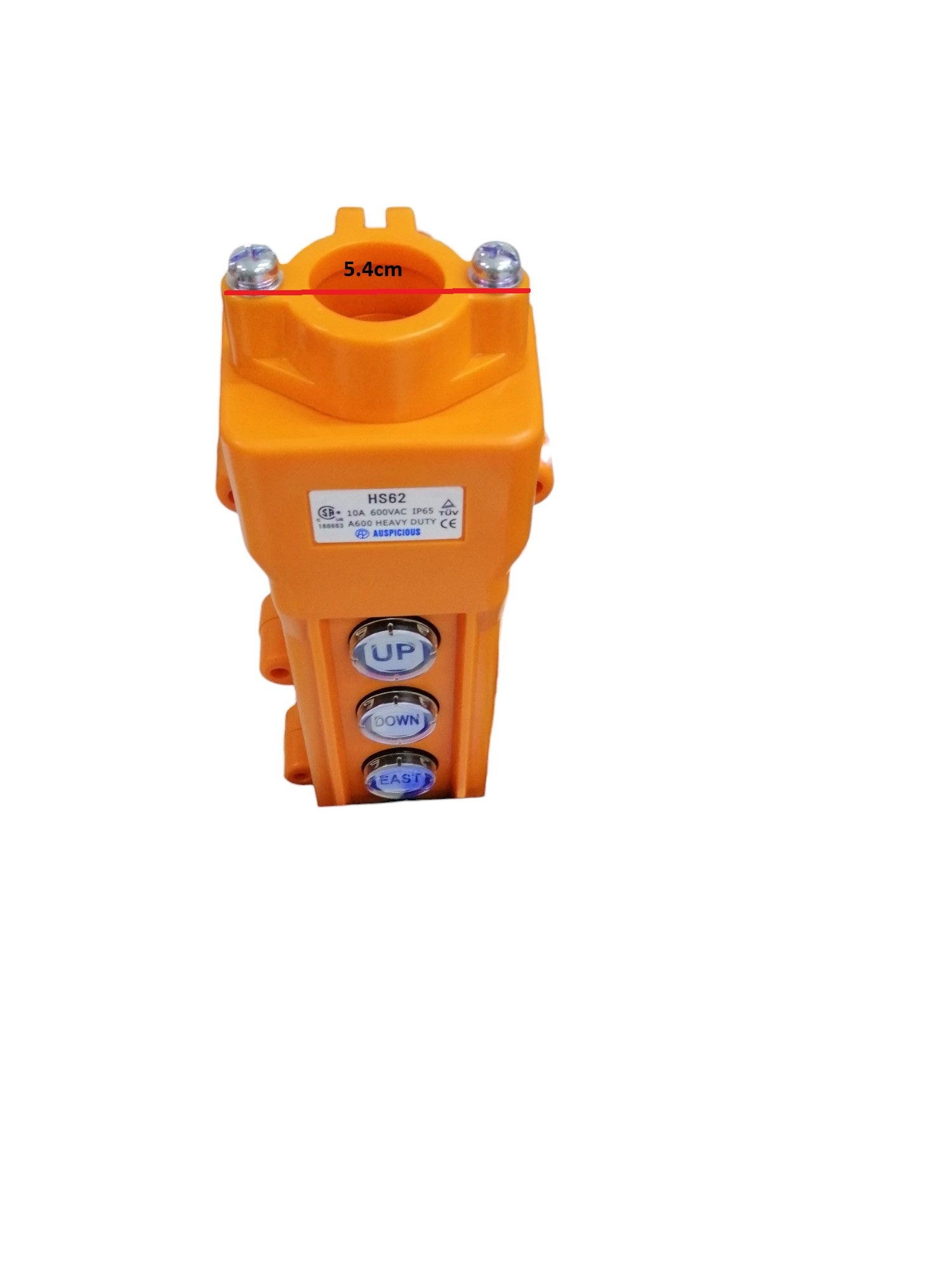 Auspicious Hoist Pushbutton Switch Rainproof in orange with UP, DOWN, and RESET buttons for door chimes and bells