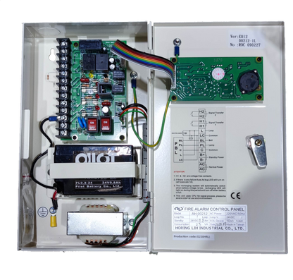 Horing Lih 1 Zone Fire Control Panel with internal circuit board and battery for fire alarm systems
