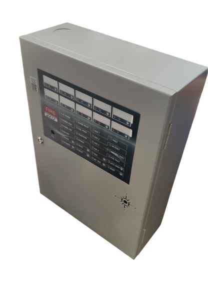 Horing Lih 10 zones fire alarm control panel in gray with labeled indicator lights and status display