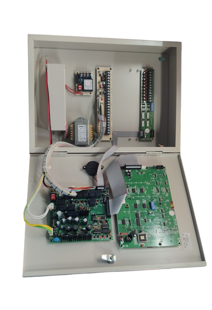 Horing Lih 10 zones fire alarm control panel with open metal casing showing circuit boards and wiring