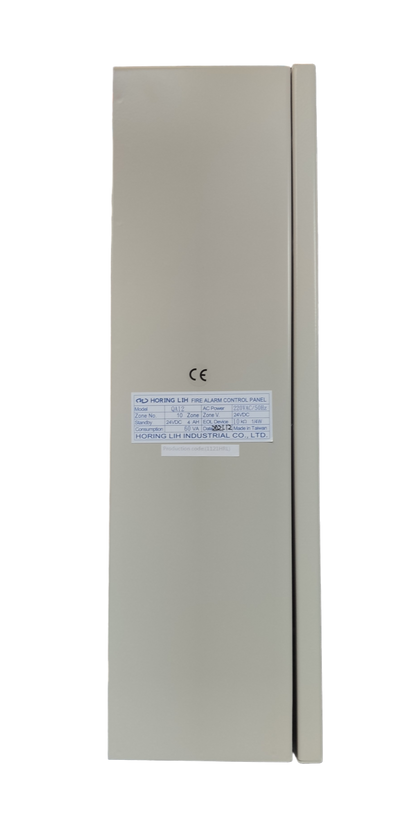 Horing Lih 10 zones fire alarm control panel in beige with label on the front for fire alarms and detectors
