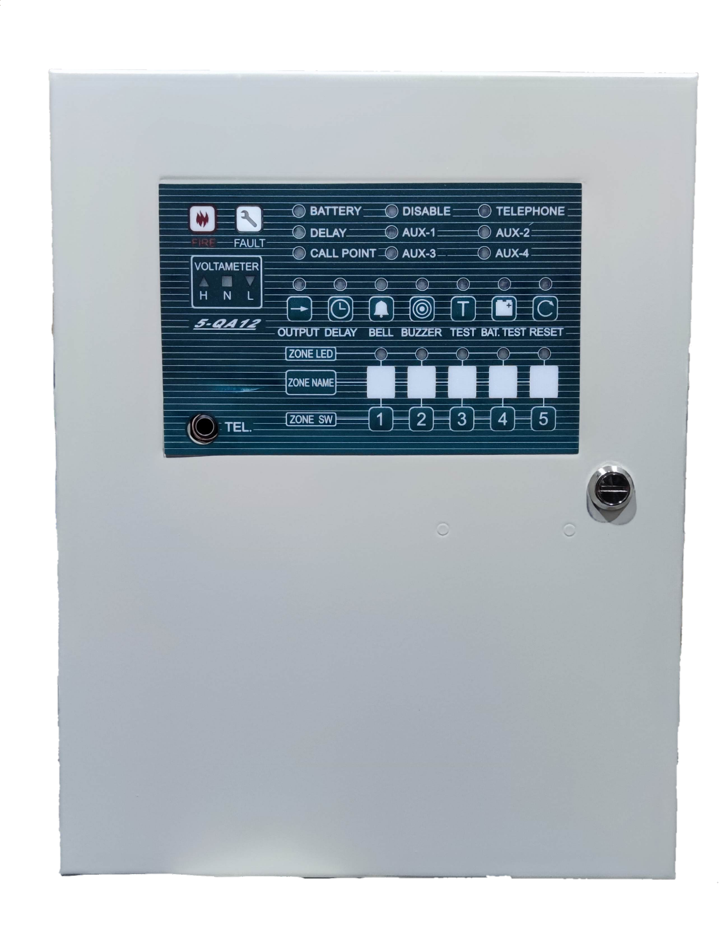 Horing Lih 5 Zones Fire Control Panel with status indicators and zone controls in white metal enclosure