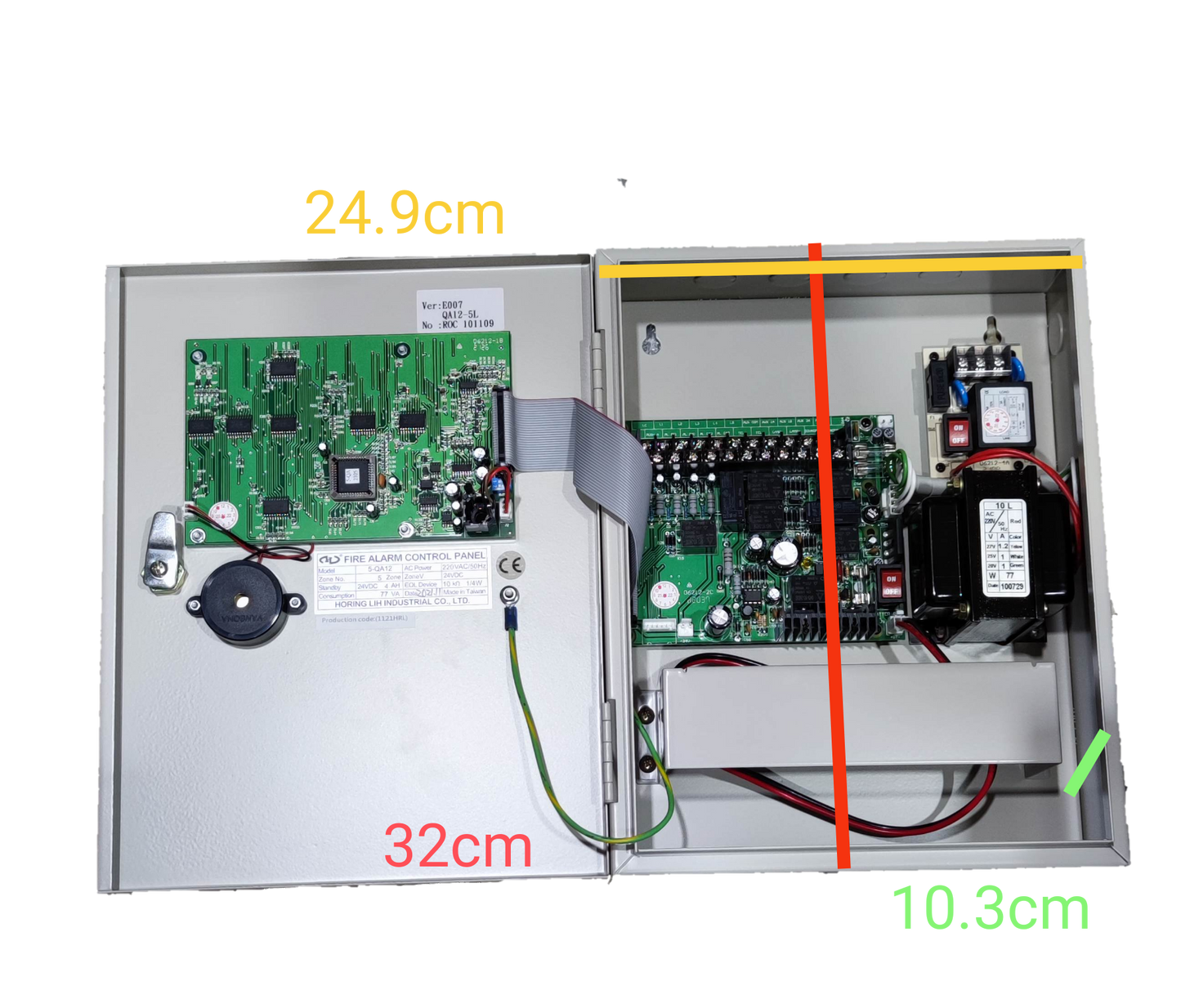 Horing Lih 5 Zones Fire Control Panel showing internal circuit boards and wiring inside metal enclosure