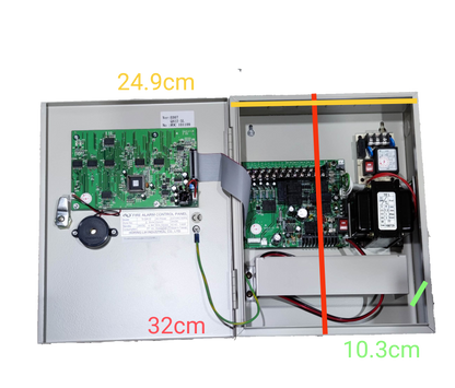 Horing Lih 5 Zones Fire Control Panel showing internal circuit boards and wiring inside metal enclosure