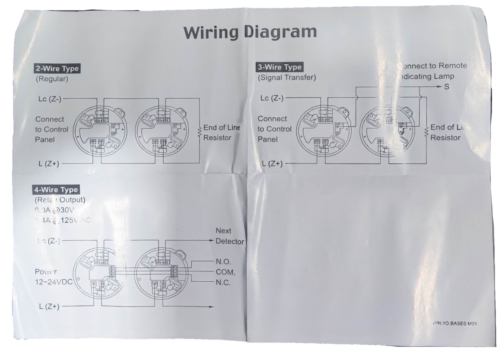 Wiring diagram for Smoke Alarm 24V DC Horing LIH showing 2-wire 3-wire and 4-wire connection types
