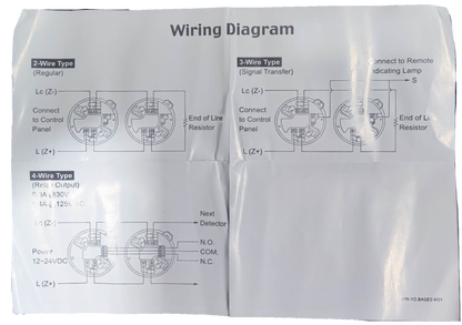Wiring diagram for Smoke Alarm 24V DC Horing LIH showing 2-wire 3-wire and 4-wire connection types