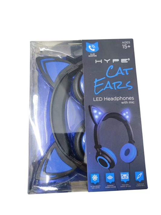 Head Phones Kitty Ear with Mic blue on-ear headphones with LED cat ears and adjustable headband