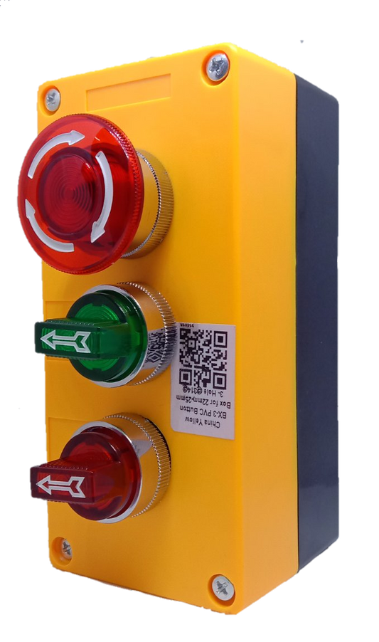 Auspicious illuminated emergency stop switch with red and green buttons in a yellow enclosure