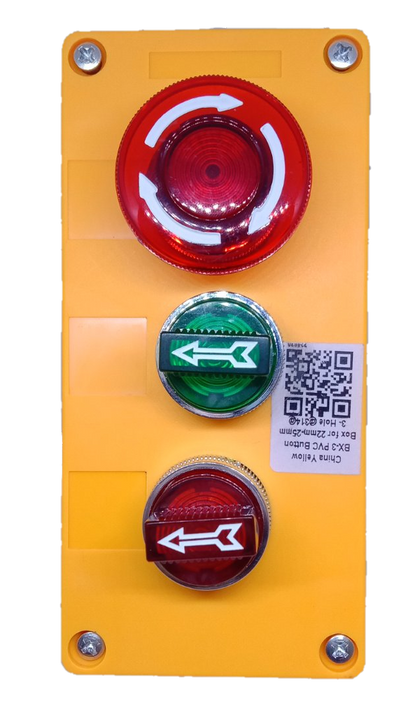 Auspicious illuminated emergency stop switch with red and green buttons on a yellow panel for power control