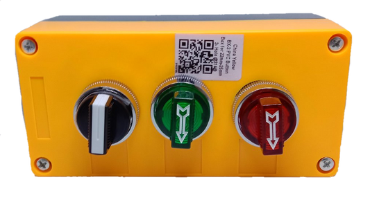 Auspicious illuminated selector switch 220V with black knob and green and red indicator lights on yellow panel