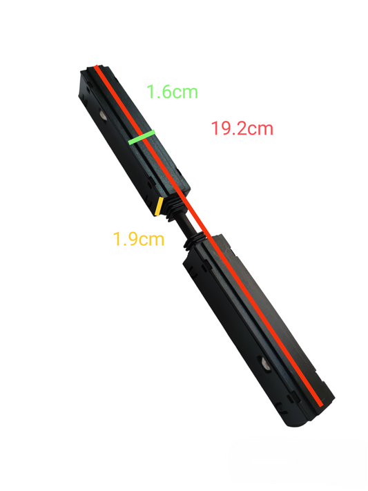 ILLUMIQ TERRA black track light conductive connector with dimensions displayed for electrical circuitry