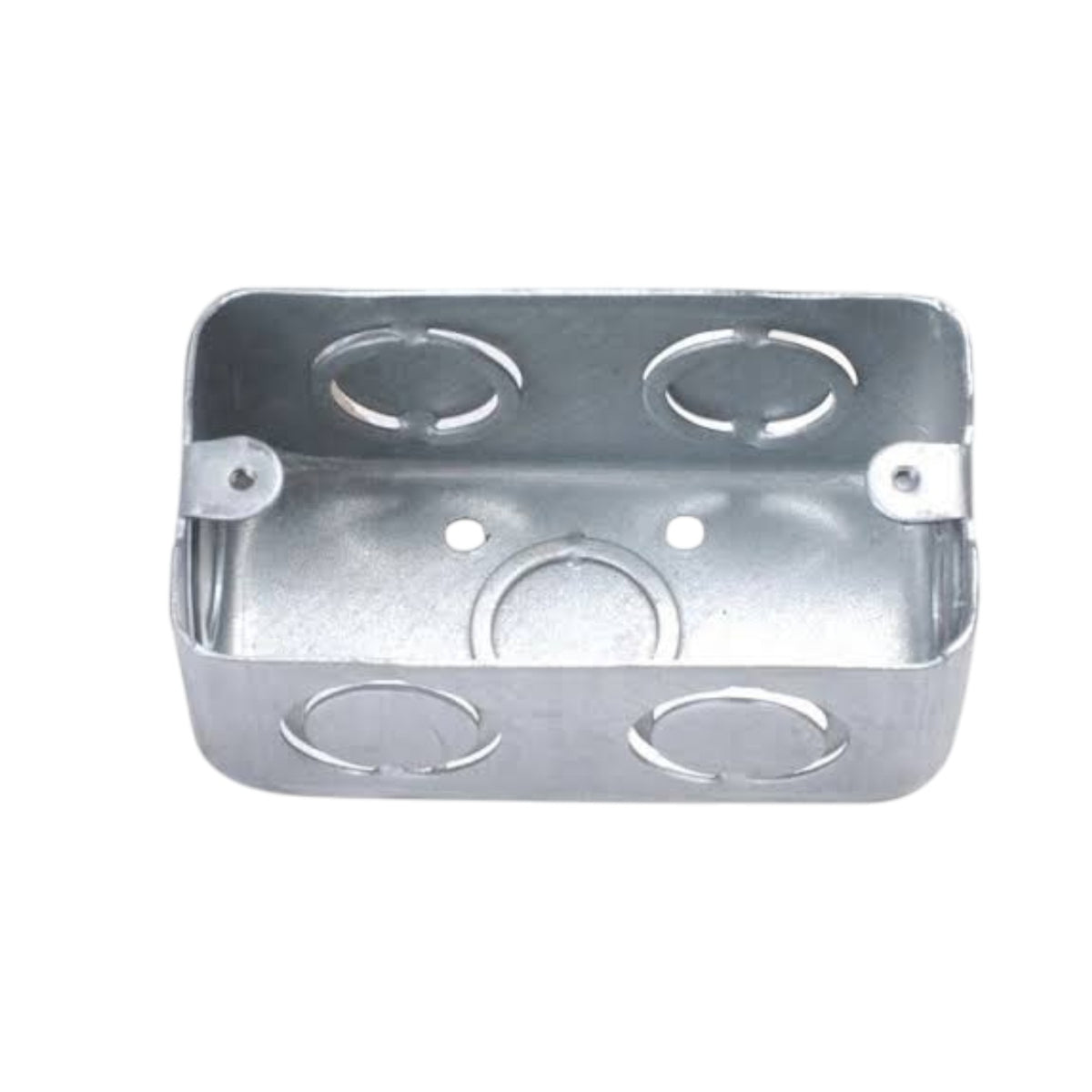 A galvanized steel electrical junction box with pre-drilled screw terminals and circular ring terminals on the interior, shown against a plain white background.