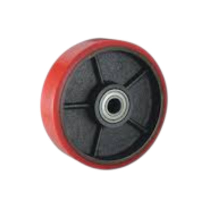 A single industrial caster wheel with a red outer rubber body and a black textured inner hub, shown on a plain white background.