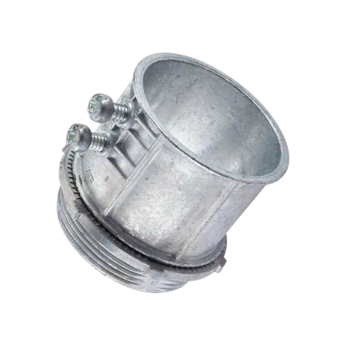 Galvanized metal pipe coupler with a threaded connection and two adjustable screws, shown on a plain white background.