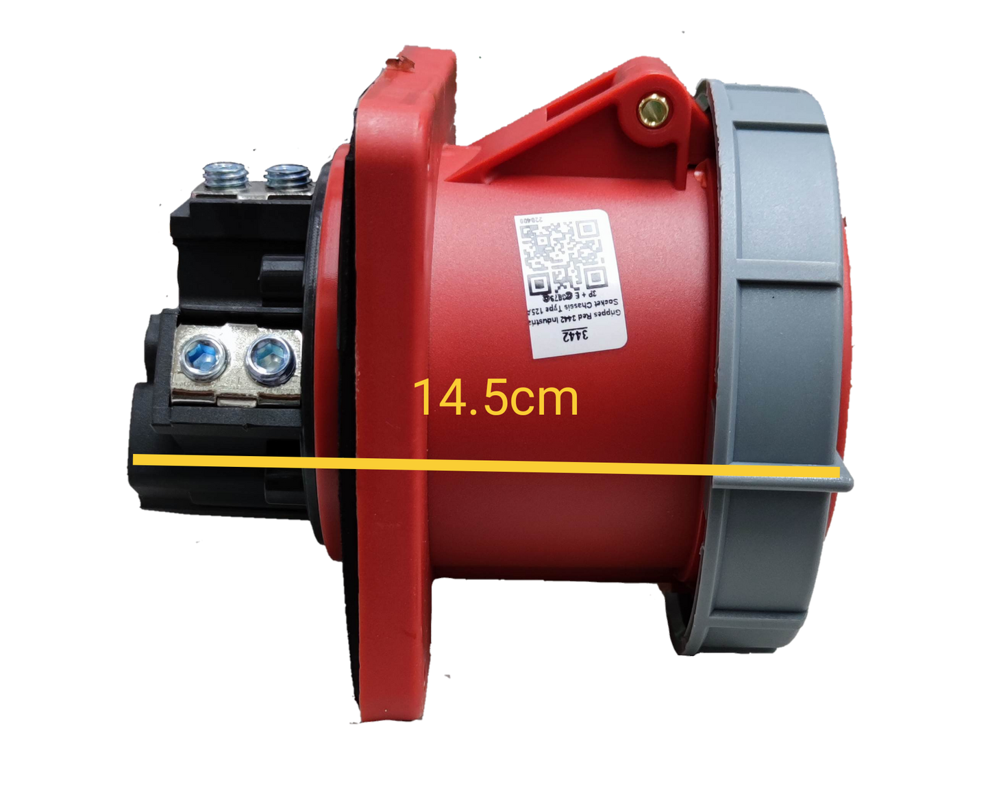 Grippes 3 phase 220V electrical industrial socket in red and gray with side view showing dimensions