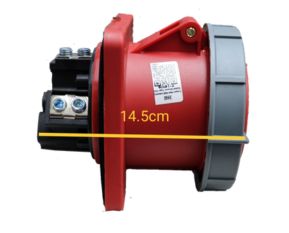 Grippes 3 phase 220V electrical industrial socket in red and gray with side view showing dimensions