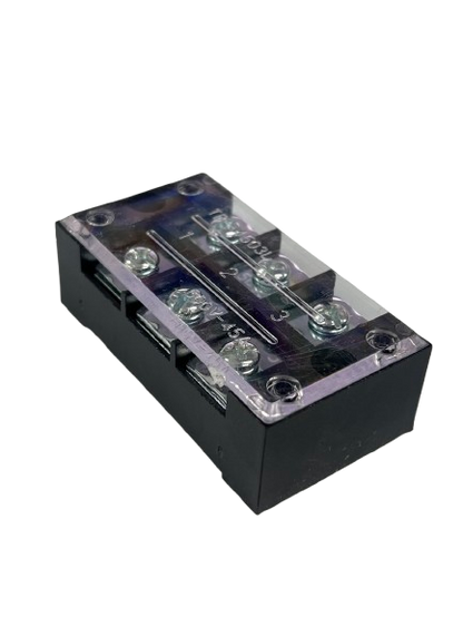 Grippes 45A 3 Pair Terminal Block 600V. Black base with clear cover and three paired screw terminals for wiring