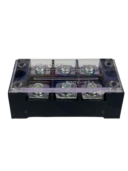 Grippes 45A 3 Pair Terminal Block 600V with clear protective cover and three screw terminals on black base