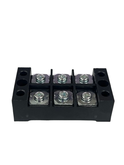 Grippes 45A 3 Pair Terminal Block 600V black plastic three pair six screw terminals with mounting holes