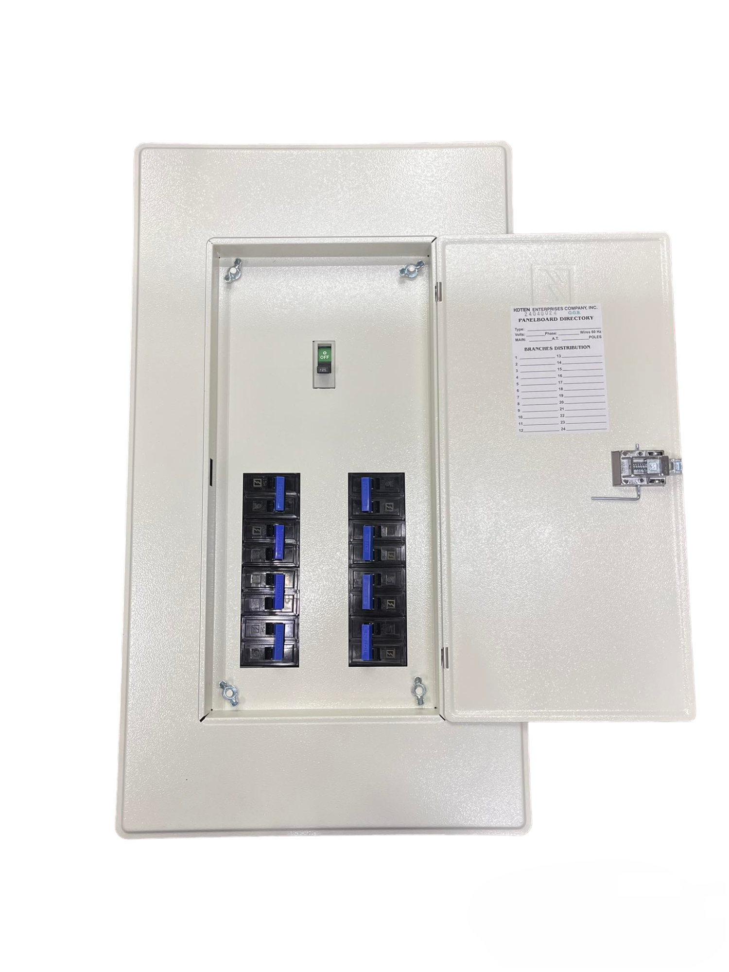 Koten 8 Branches 2P 250A Main Bolt On metal distribution board with open door showing eight breakers