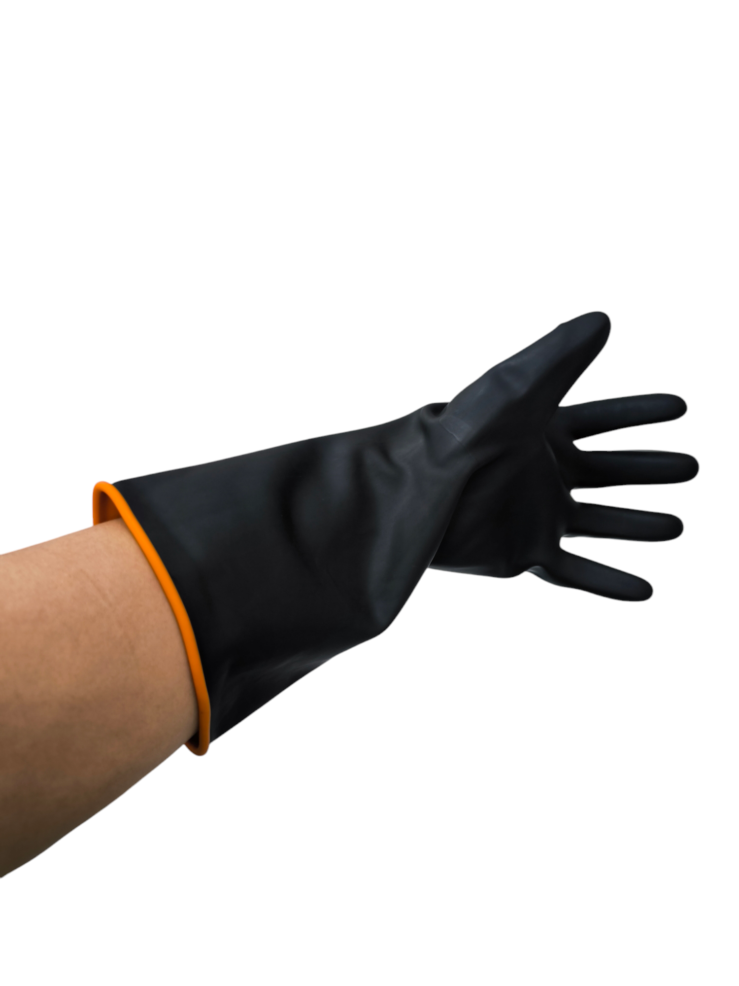Durable industrial chemical gloves with a black finish and orange cuffs for maximum protection