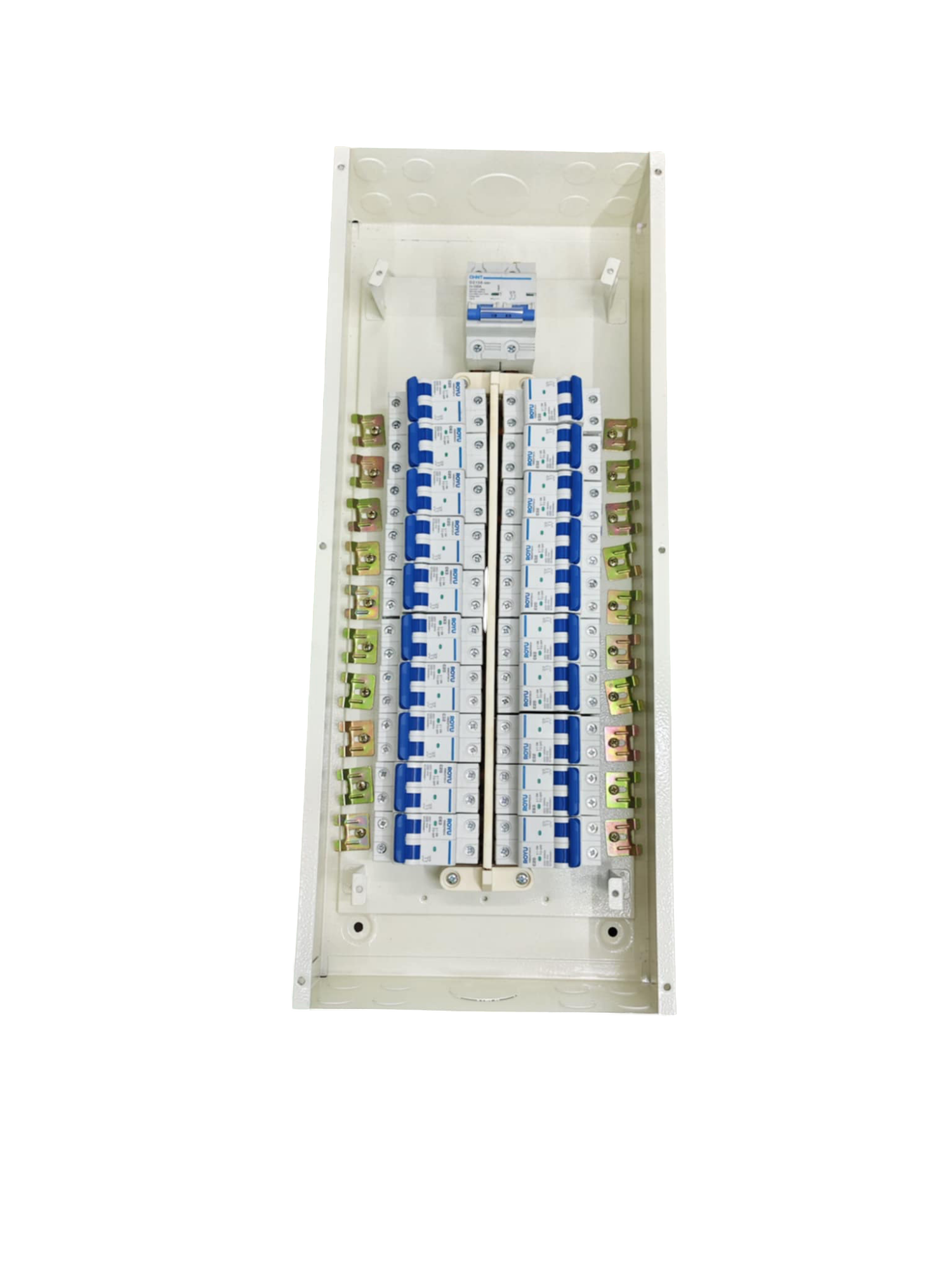 industrial circuit breaker panel 125 amp with multiple circuit breakers and white casing