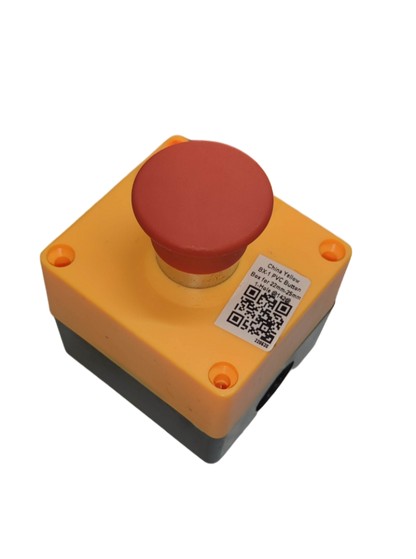 Auspicious emergency push button with enclosure in yellow and red for safety control applications